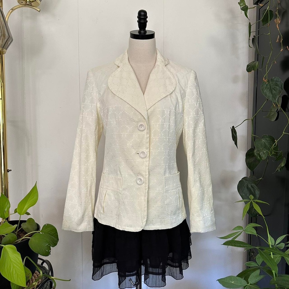 RQT Vintage Cream Jacquard Blazer Oversized Collar Regency Twee Jacket Medium